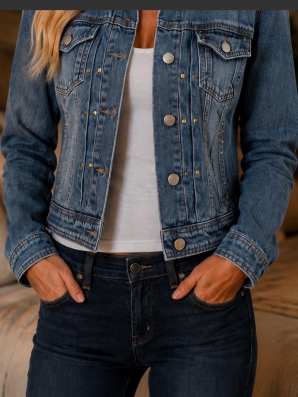 Tommy Hilfiger Distressed Blue Denim Jacket with Stud Accents